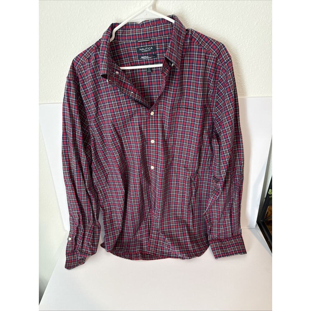 Nautica Mens XL Red/Blue/White Plaid Front Pocket Long Sleeve Button Up Shirt